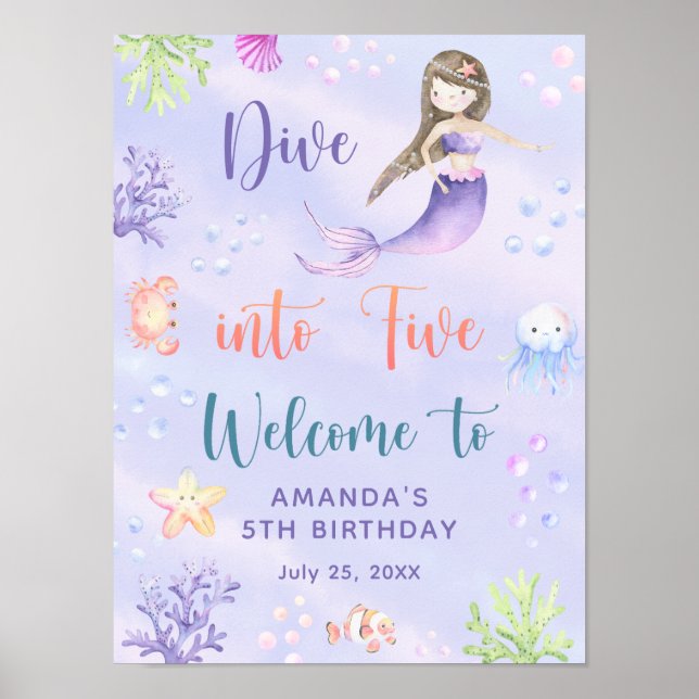 Poster Mermaid Girl Dive in Five Birthday Party Welcome (Devant)
