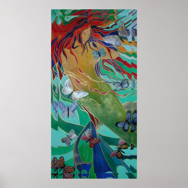 Poster Mermaid Nage avec Papillons Imaginaire Art (Devant)