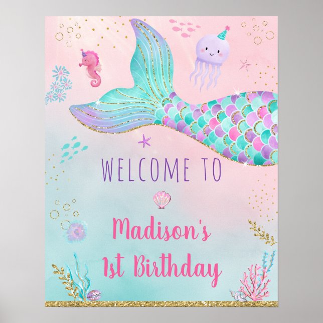 Poster Mermaid Pink Gold Under the Sea Anniversaire Bienv (Devant)