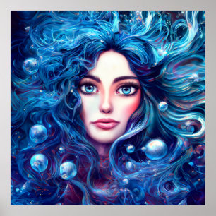 Poster Mermaid Sea Goddess Nymphe Siren bleu sous l'eau