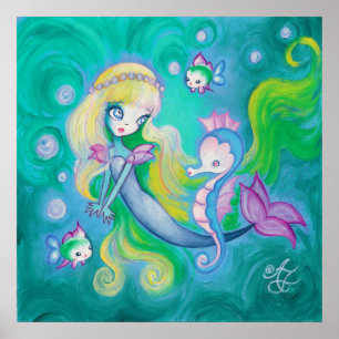 Poster Mermaid With Sea Horse And Fish