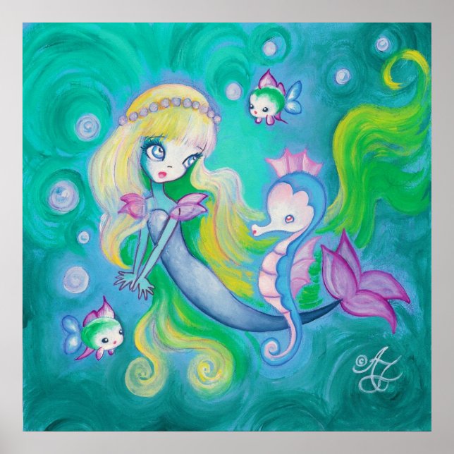 Poster Mermaid With Sea Horse And Fish (Devant)