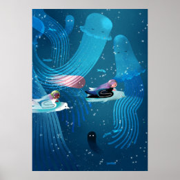 Poster Mermaids qui courent dans l'océan, illustration po