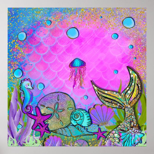 Poster Mermaiers & Sea Shells Pink Sparkly Anniversaire (Devant)