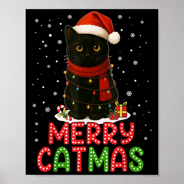 Poster Merry Catmas Santa Hat Funny Black Cat Christmas W (Devant)