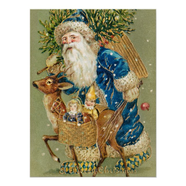 Poster Merry Christmas, Antique Card, Santa and Reindeer (Devant)