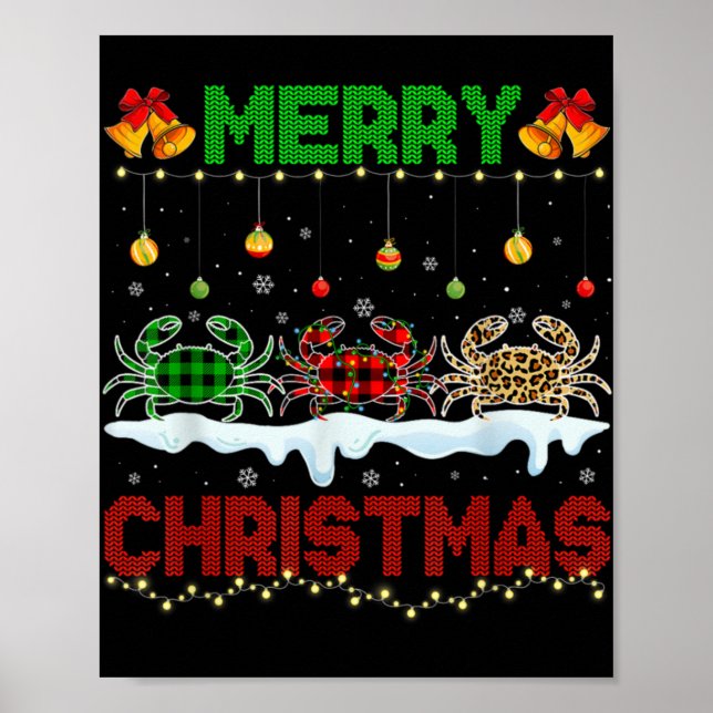 Poster Merry Christmas Cute Crab Xmas Leopard Plaid Santa (Devant)