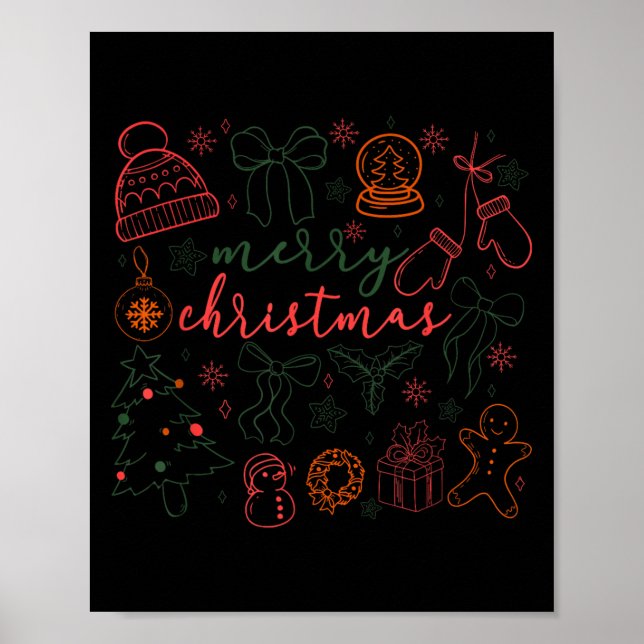 Poster Merry Christmas Doodle Xmas Tree Gingerbread Men W (Devant)