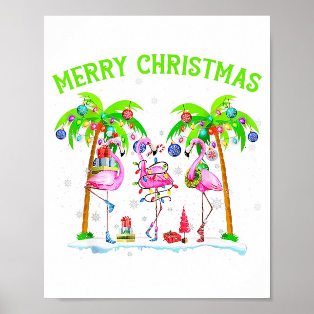 Poster Merry Christmas Flamingo Xmas Palm Tree Light Trop (Devant)