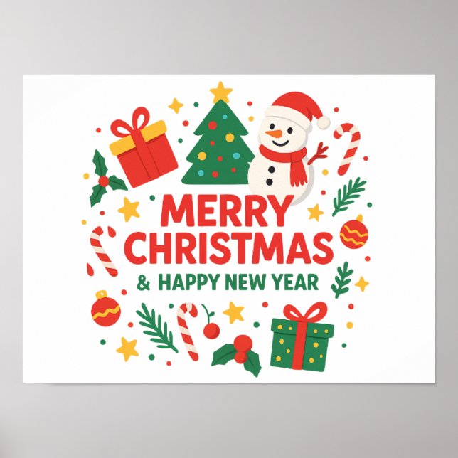 Poster Merry Christmas & Happy New Year Snowman & tree (Devant)