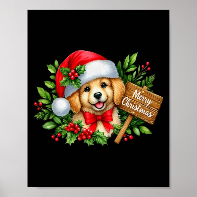 Poster Merry Christmas Puppy Santa Hat Holly Sign Premium (Devant)