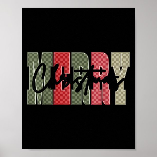 Poster Merry Christmas Red Green Plaid Checkered Xmas Gir (Devant)