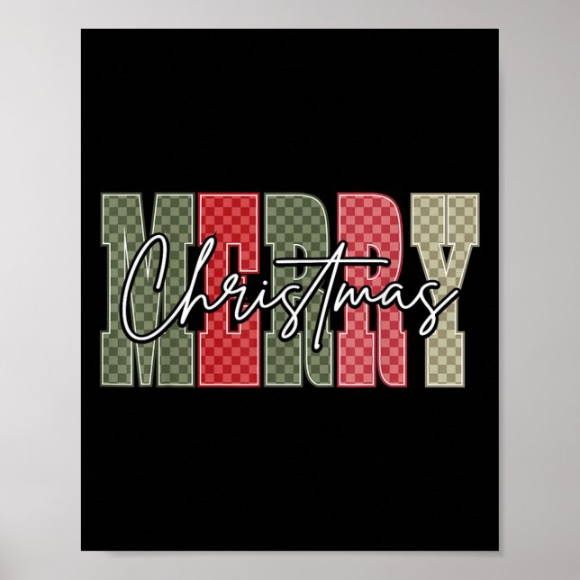 Poster Merry Christmas Red Green Plaid Checkered Xmas Gir (Devant)