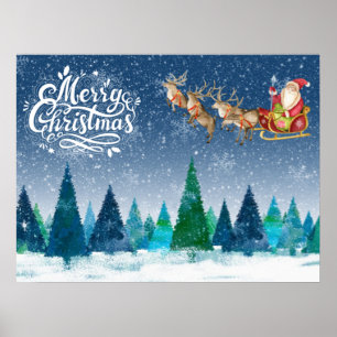 Poster Merry Christmas Snow Forest and Santa in Sleigh 