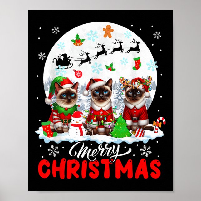 Poster Merry Christmas Three Santa Elf Reindeer Siamese C (Devant)