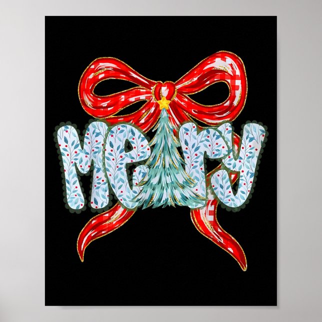 Poster Merry Christmas Tree Coquette Bow Xmas Holiday Wom (Devant)