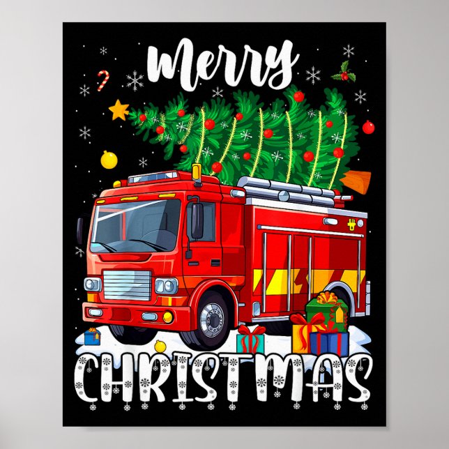 Poster Merry Christmas Tree Firetruck Pajama Firefighter  (Devant)