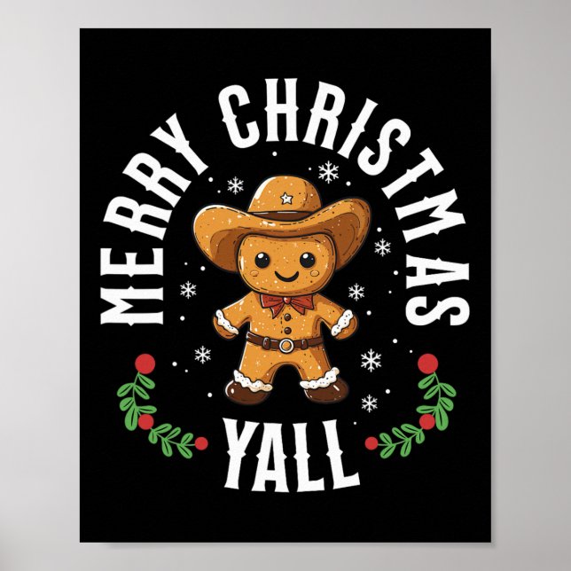 Poster Merry Christmas Yall Gingerbread Cowboy Howdy West (Devant)