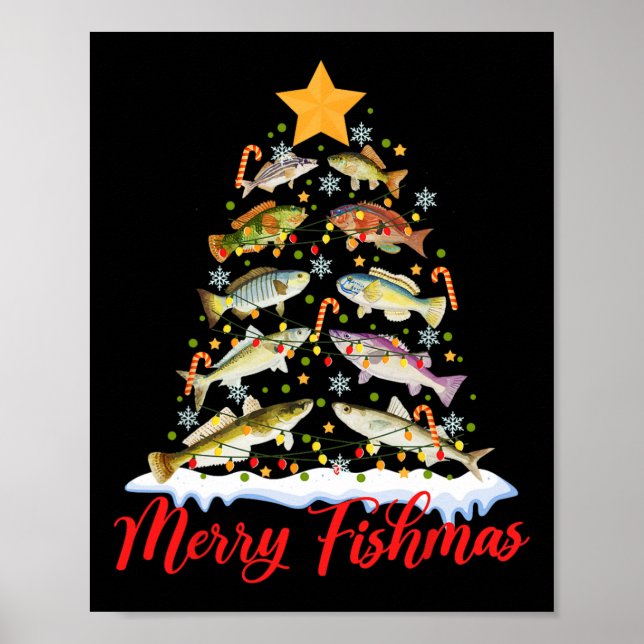 Poster Merry Fishmas Funky Christmas Tree Lights Fish Fis (Devant)