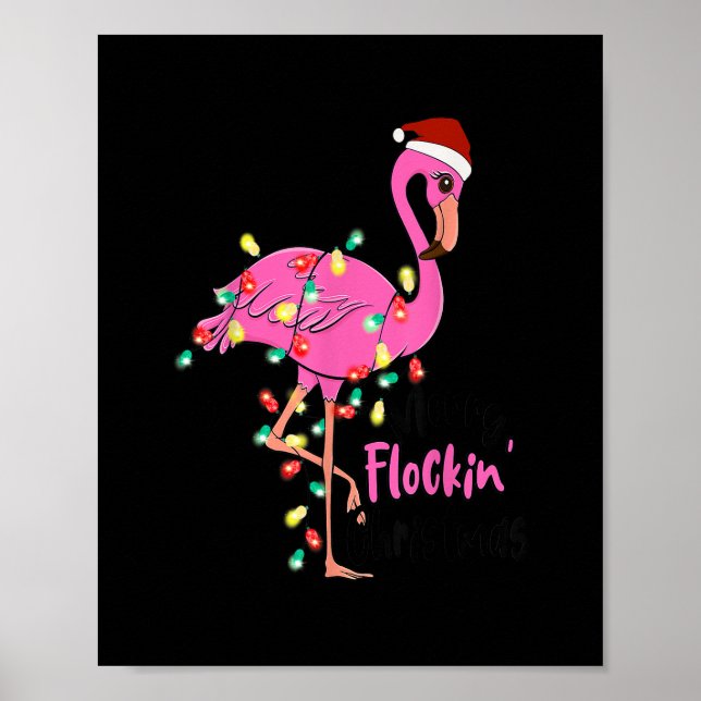 Poster Merry Flocking Christmas Flamingo Pink In Santa Ha (Devant)