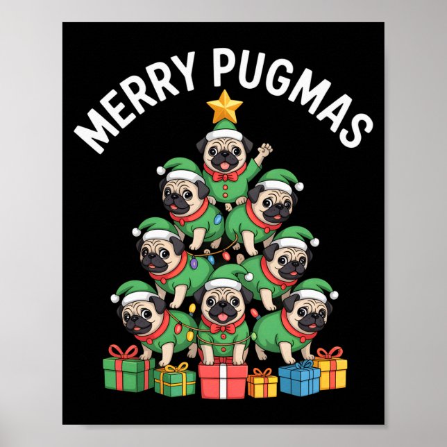 Poster Merry Pugmas Funny Pug Christmas Tree Holiday Long (Devant)