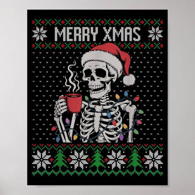 Poster Merry Xmas Skeleton Ugly Sweater, Skull Wearing Sa (Devant)