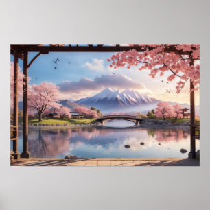Poster Merveilleux Sakura Tree japonais au coucher du sol