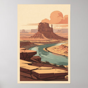 Poster Mesa Rouge Rustique et Rivière Sinueuse Voyage Rét
