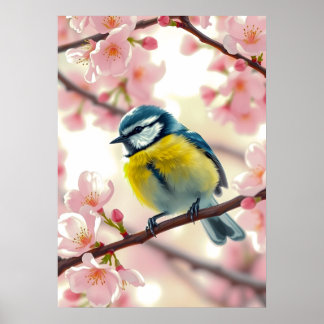 Poster Mésange bleue à l'aquarelle sur un pommier de prin