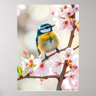 Poster Mésange bleue mignonne sur un pommier en fleurs au