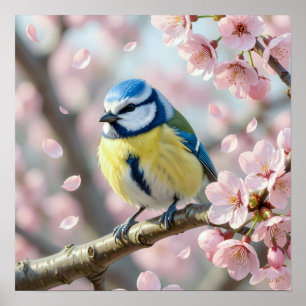 Poster  Mésange bleue sur cerisier en fleurs Printemps