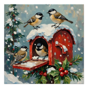 Poster Mésanges vintage sur boîte aux lettres de Noël enn