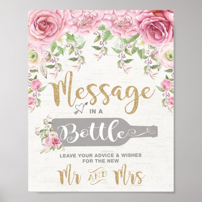 Poster Message dans une bouteille Fleurs Mariage Conseils (Devant)