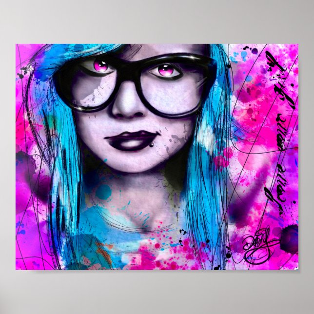 Poster Messy Blue Emo Girl avec lunettes (Devant)