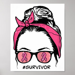 Poster Messy Bun Pink Ribbon Survivant Cancer du sein Awa