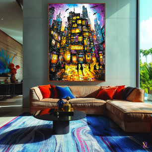 Poster Métropole néon – Paysage urbain surréaliste de nui