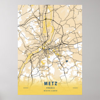 Poster Metz - France Carte de la ville Jaune