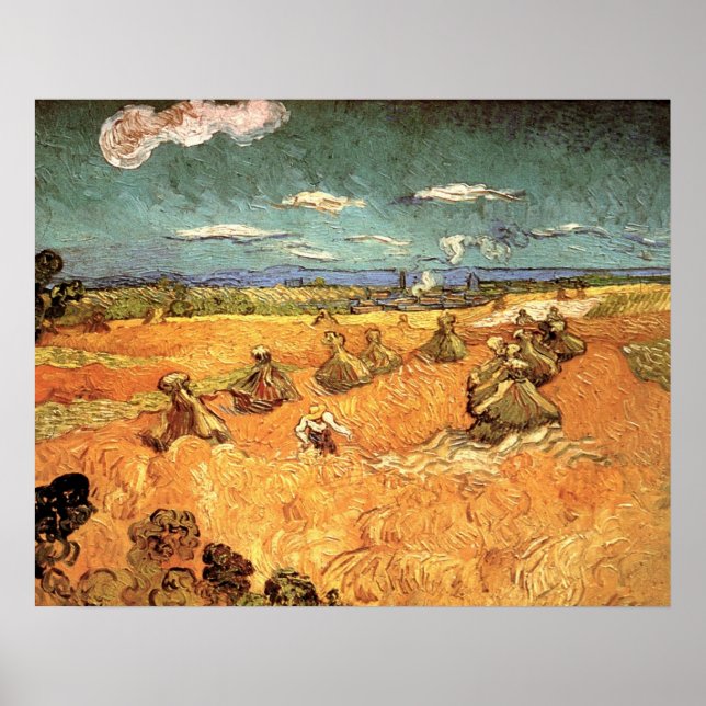 Poster Meules de blé avec moissonneur de Vincent van Gogh (Devant)