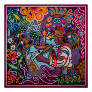 Poster mexicain huichol - Chasseur et cerf