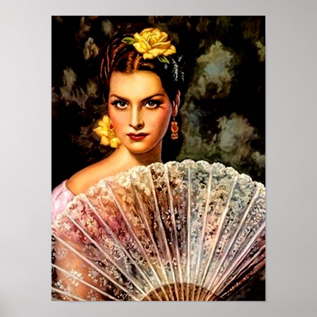 Poster Mexicaine Belle Fille de Calendrier avec éventail  (Devant)