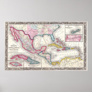 Poster Mexique, Amérique centrale et carte des Caraïbes (