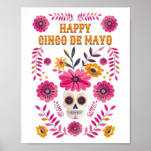 Poster Mexique Crâne de sucre Floral heureux Cinco de May