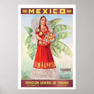 Poster Mexique, femme mexicaine avec un panier de fruits 