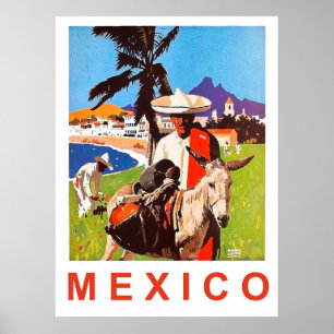 Poster Mexique, homme mexicain avec un âne près de la côt