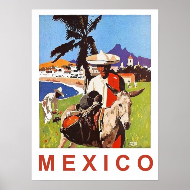 Poster Mexique, Mexicain avec âne sur la côte (Devant)