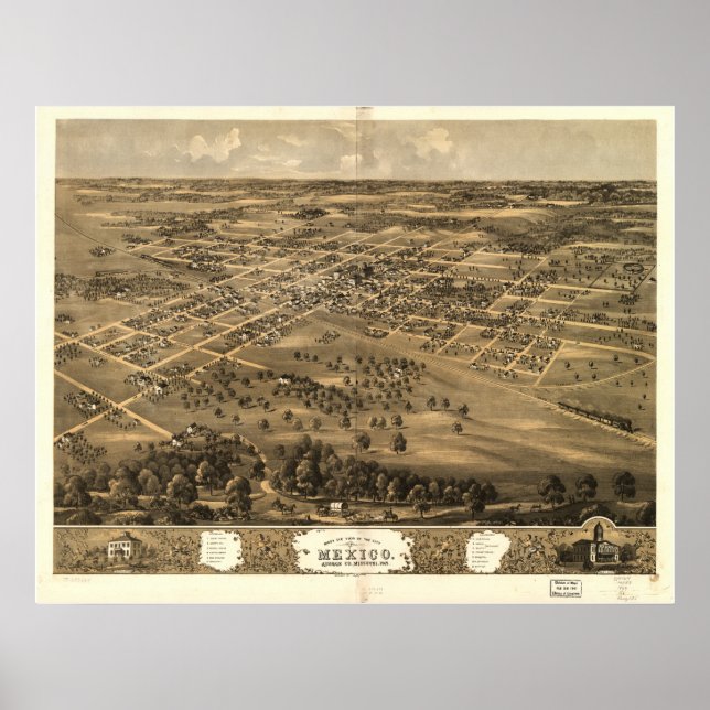 Poster Mexique Missouri 1869 Antique carte panoramique (Devant)