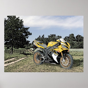 Poster Mezzotint Campagne et Moto Jaune