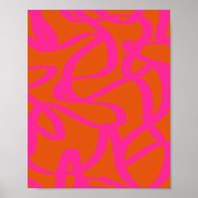 Poster Mi-Siècle Abstrait Moderne Lignes Orange Et Rose (Devant)