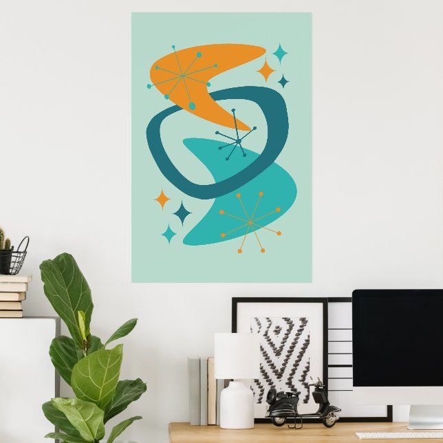 Poster Mi-siècle Âge atomique 7 Aqua, Turquoise, Orange (Bureau à domicile)