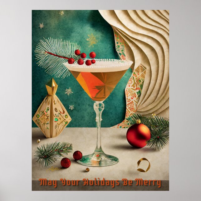 Poster Mi-Siècle Cocktail de Noël Fête Happy Hour (Devant)